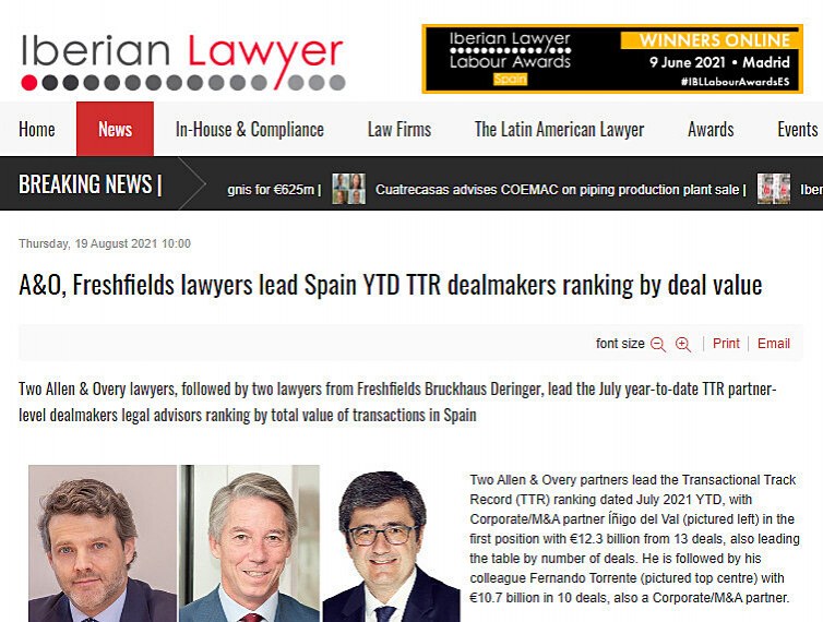 A&O, Freshfields lawyers lead Spain YTD TTR dealmakers ranking by deal value